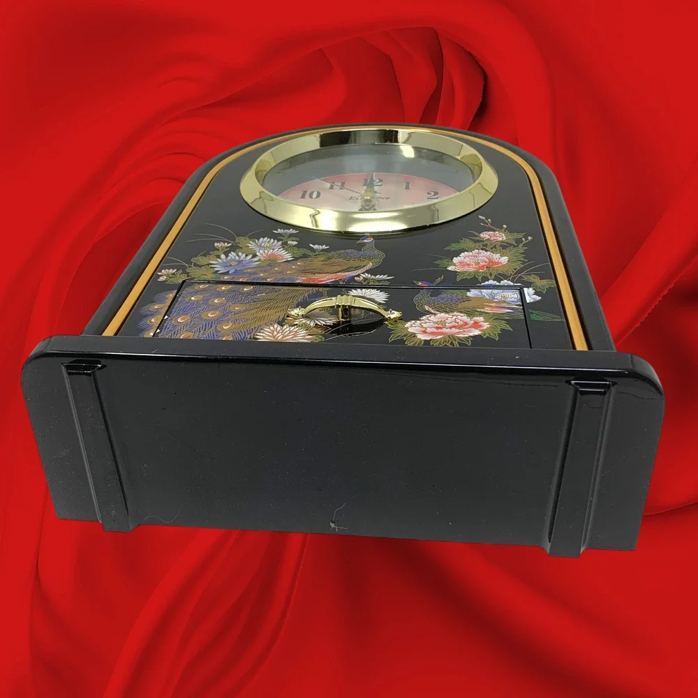 NEW Vintage 1980s Asian Black Acrylic Quartz Mantel Clock Drawer Boxed Japan